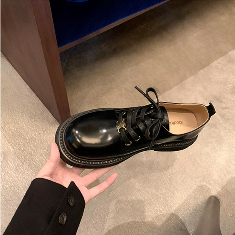 Grape Mom's Spring British Style Round Toe Thick Heel Thick Bottom Lace-up Loafers Small Leather Shoes For Women