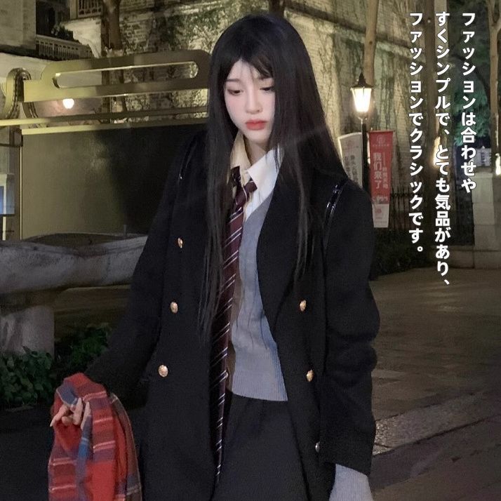 学院风jk制服黑色大衣秋冬季小个子正肩感韩系双排呢子外套女|undefined