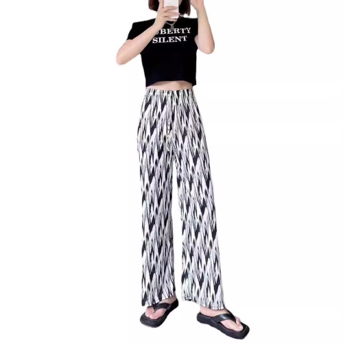 Summer Ice Silk Wide Leg Pants High-Waisted Drape Loose Straight Leg Cool Print Casual Pants for Women