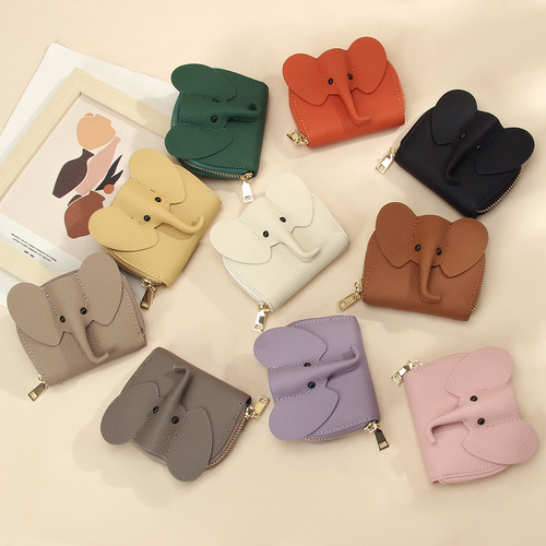 Japanese genuine leather accordion card bag ins creative personality little elephant zipper small wallet solid color multi-card slot document card holder