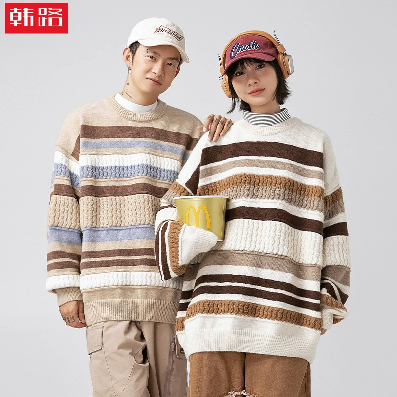 Мужская трикотажная одежда в японском стиле с круглым вырезом, осень-зима 2024, новая полосатая контрастная цветная строчка, модная брендовая свободная трикотажная куртка для пар