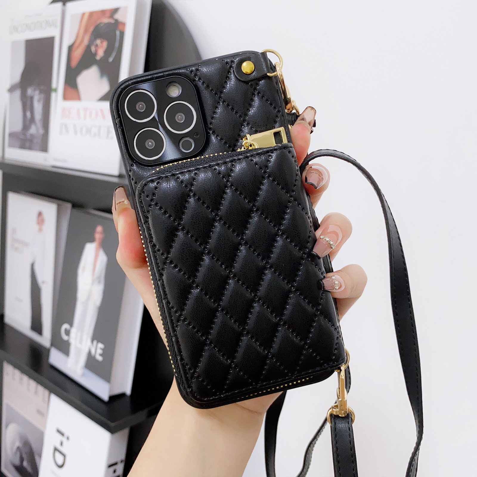 Adatto per iPhone 17 Pro Max Porta carte con cerniera Telefono Huawei Mate 70 Tracolla protettiva in pelle_voghion.com