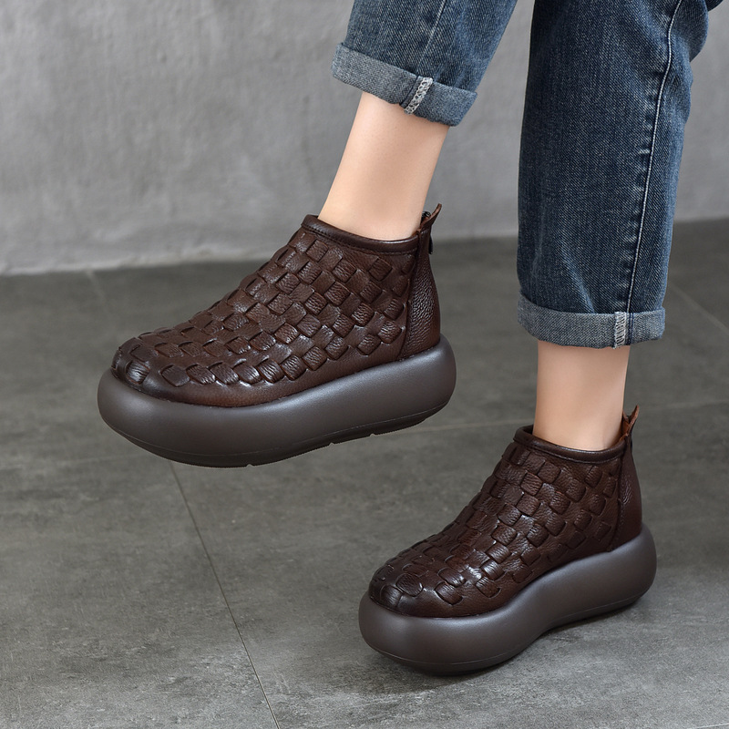 Retro Casual Hand-Woven Platform Thick-Soled Genuine Leather Short Boots for Women 2026 New Style First-Layer Cowhide Single Boots Cotton Boots