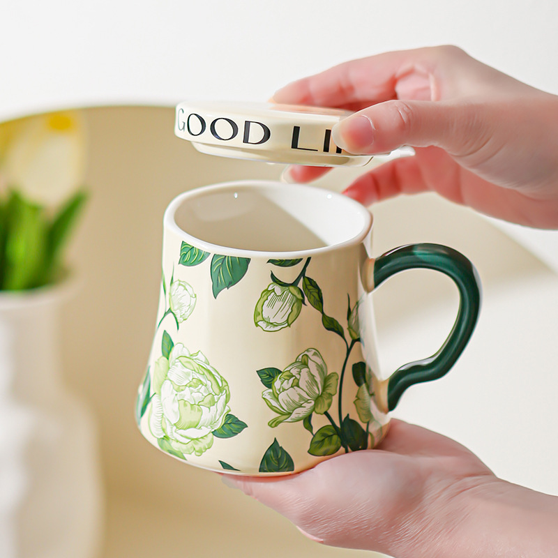 Taza de agua de cerámica de orquídea de campana, taza de café de gran capacidad, taza de desayuno con tapa de diseño, taza de café