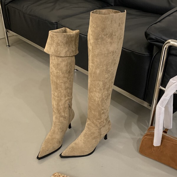 2025 Autumn and Winter New Style Over-The-Knee Boots for Small People, Two-Way Wear, Side Zipper, Pointed Toe, Suede, Thin Heel, High-Heeled Boots in Stock