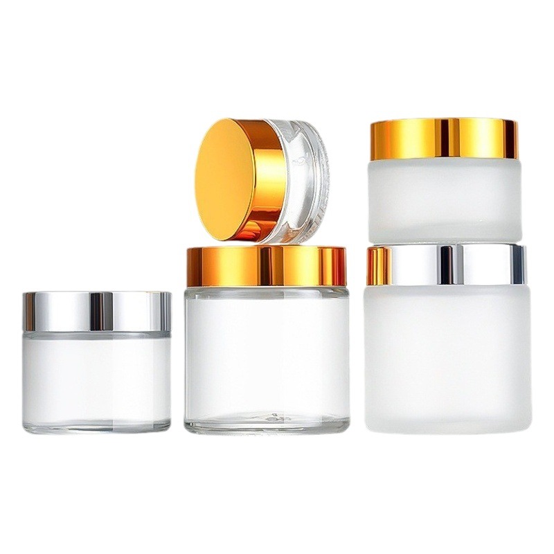 Botella de crema exfoliante de 30 g, frasco de crema de vidrio transparente de 10 g, botella dispensadora de cosméticos de 100 g, botella de crema para ojos marrón de 50 g