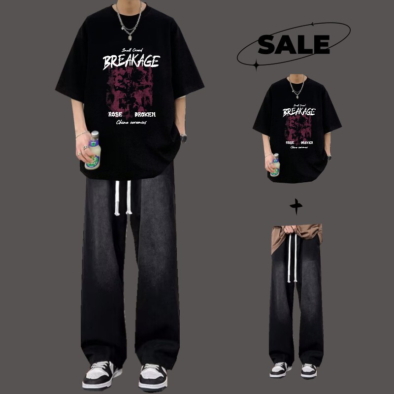 Summer Pure Cotton Short-Sleeved T-Shirt Suit for Boys, a Trendy Set with Jeans, a Loose Two-Piece Set for Teenagers