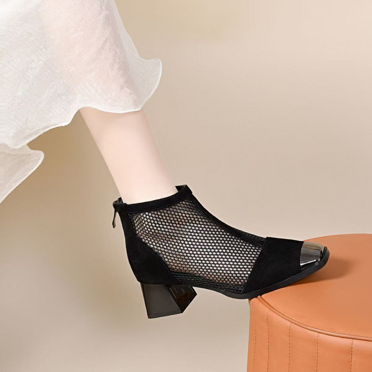 Sandal nữ da thật đầu vuông lưới sợi mát gót thô rỗng thoáng khí phong cách La Mã — Màu đen - Da bò