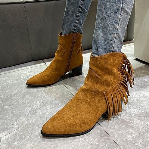 2025 Autumn and Winter Martin Boots Frosted Large Size Tassel Mid-Heel Short Boots Side Zipper Retro Pointed Toe Women's Boots