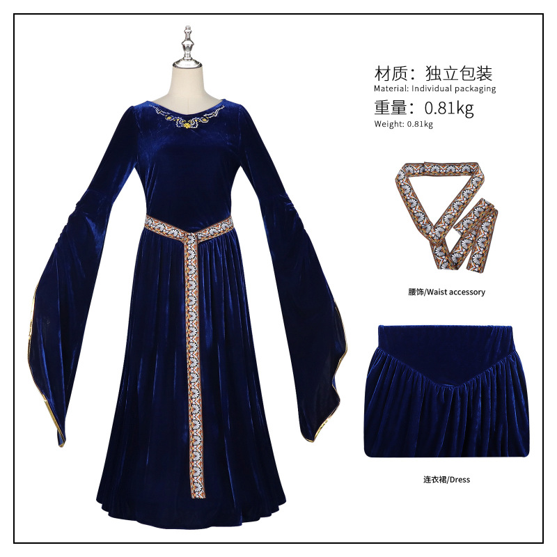 中世纪新款服饰成人女士cos 复古宫廷女王宝蓝连衣裙喇叭袖长裙|undefined