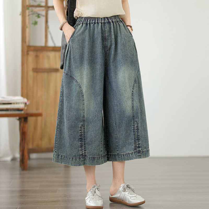 Artistic and Fashionable Stitching White Washed Jeans Summer plus size Women's Clothing Staggable Waist Capri Pants Casual Wide-leg Pants