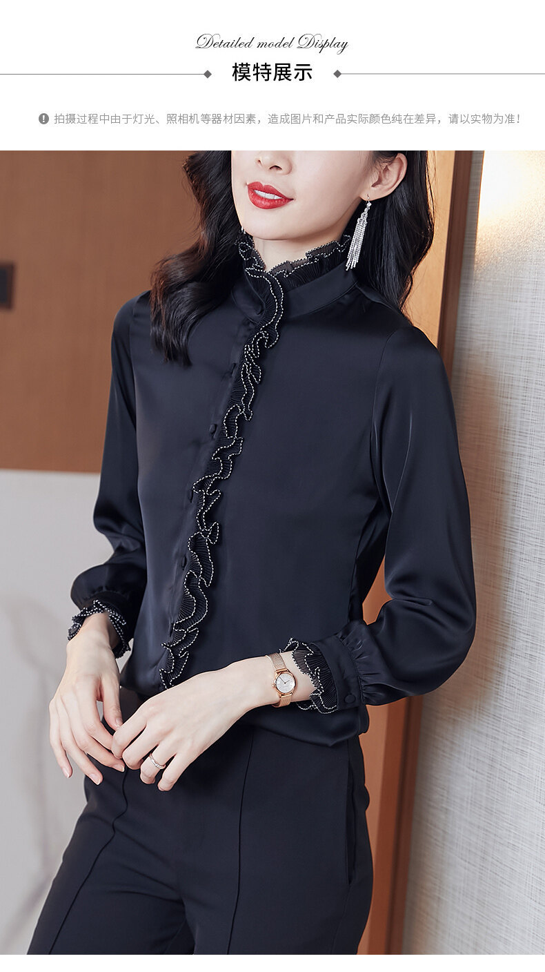 Satin chiffon stand-up collar, black ear-trimmed shirt for women, long-sleeved 2022 new Spring and autumn style, lace pic 11