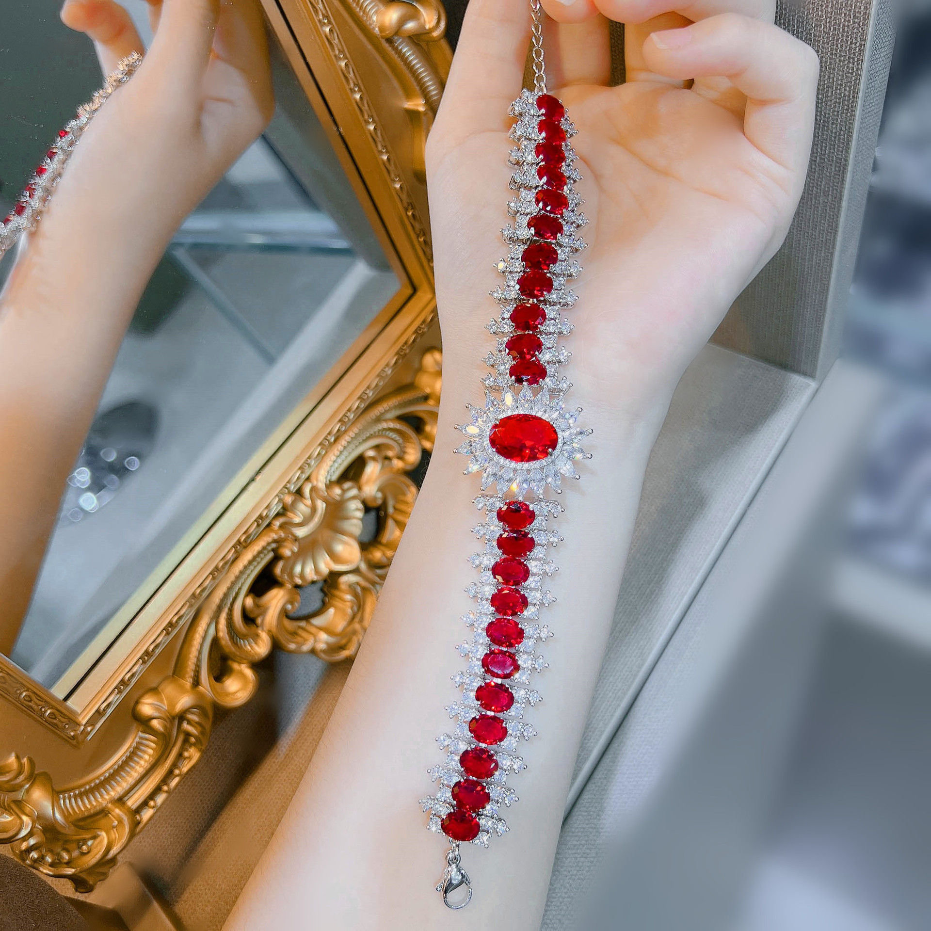 Fashion Flower Copper Bracelets Inlay Artificial Gemstones Copper Bracelets