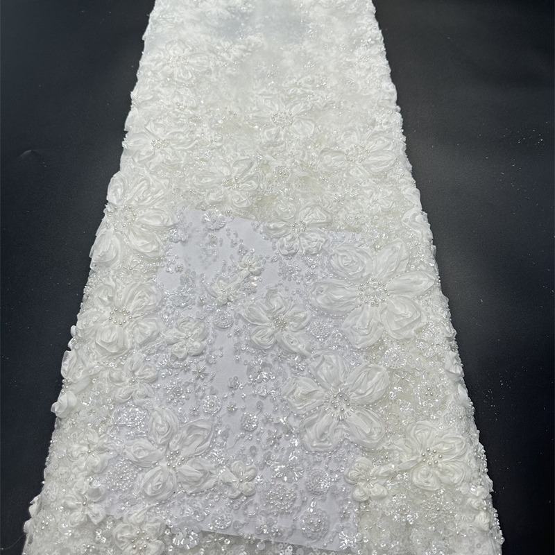 Discos de encaje de flores tridimensionales bordados vestido de novia blanco de alta calidad tela de moda tela de bordado de lentejuelas LACE