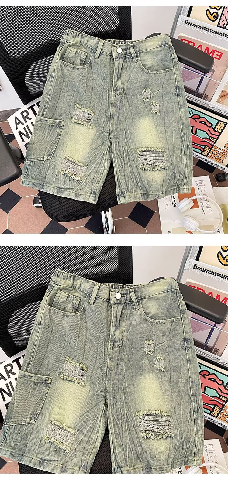 Men's Trendy Distressed Denim Shorts Summer Loose Fitting Washed Five Quarter Length Pants Street Style Trousers_mkmklike.com