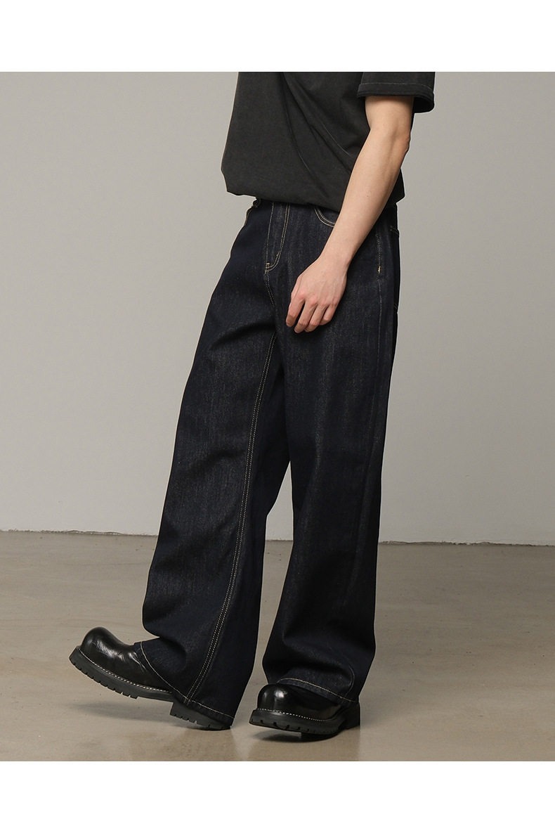 Classic American Raw Denim Jeans For Men – Straight Leg Relaxed Fit Washed Black Denim Pants, Vintage Style For Everyday Wear_mkmklike.com