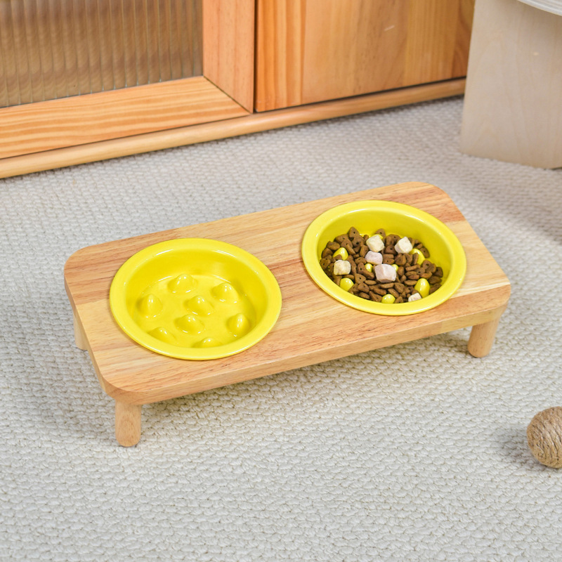 Simple Solid Color Slow Feeder Bowl with Oak Stand, Ceramic Cat Bowl, Dog Bowl, Anti-Choke Slow Feeding Bowl, Neck Protection Cat Food Bowl Simple Solid Color Slow Feeder Bowl with Oak Stand, Ceramic Cat Bowl, Dog Bowl, Anti-Choke Slow Feeding Bowl, Neck Protection Cat Food Bowl