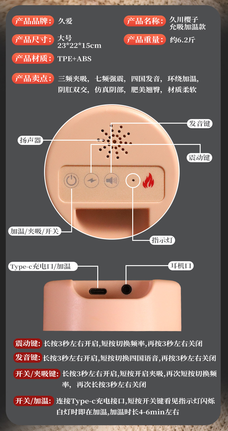 Jiuai Solid Doll TPE Male Masturbator Realistic Vagina and Buttocks Manual Inverted Mold Device — detail image 7