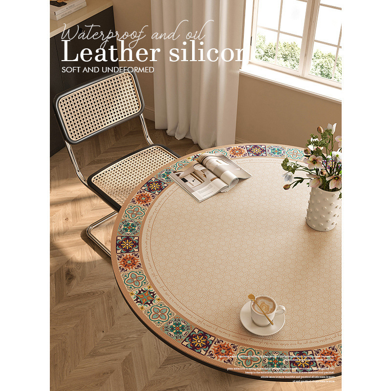 American-Style Round Waterproof Table Mat, Oil-Proof Dining Table Round Table, Anti-Scalding Coffee Table Tablecloth, Retro Mat, Pvc Washable Tablecloth