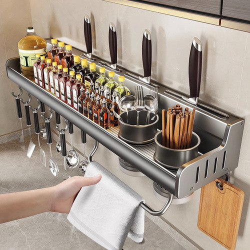 Kitchen storage rack multi-functional hole-free wall-mounted seasoning chopsticks knife holder supplies complete kitchen storage rack