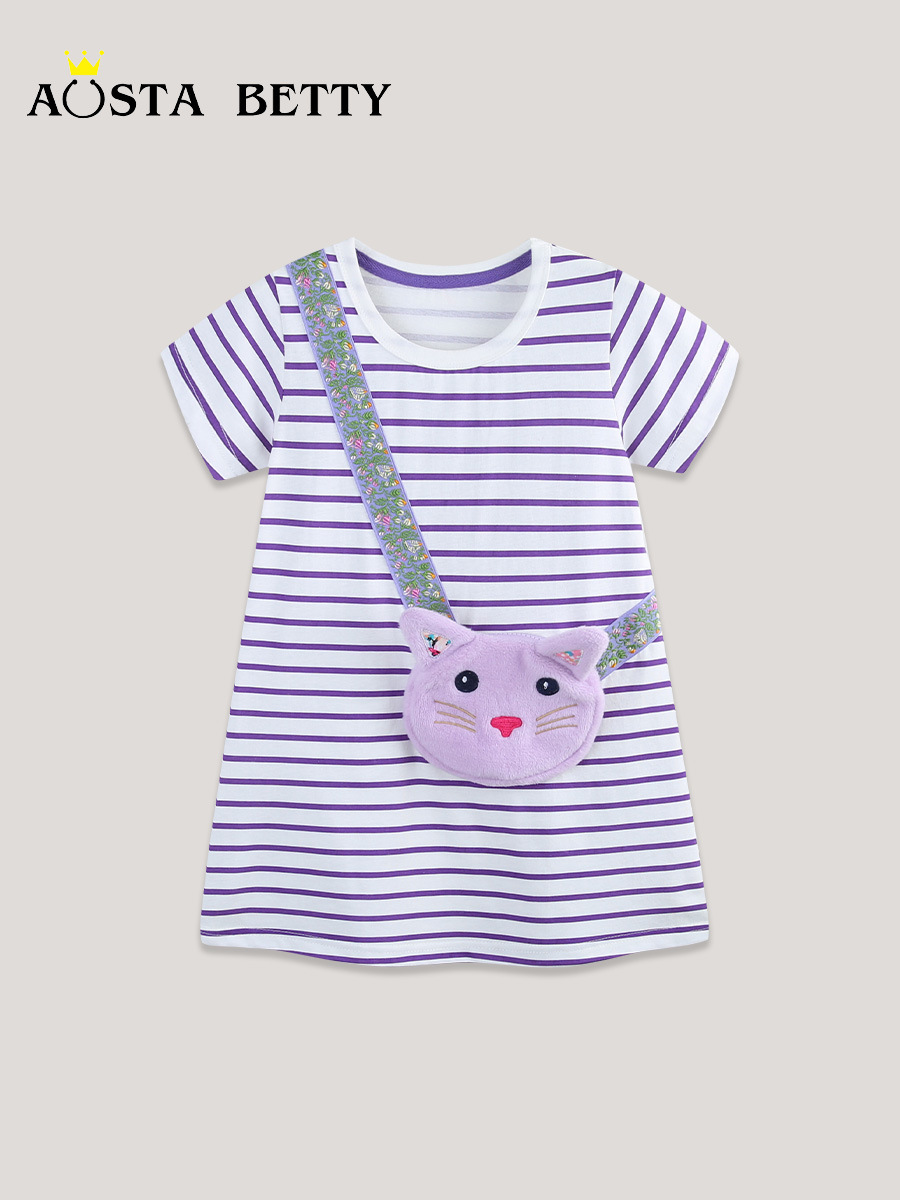 26 verano nuevo vestido infantil de estilo europeo y americano de dibujos animados bolsos gatos niñas vestido de princesa vestido a rayas de moda vestido infantil