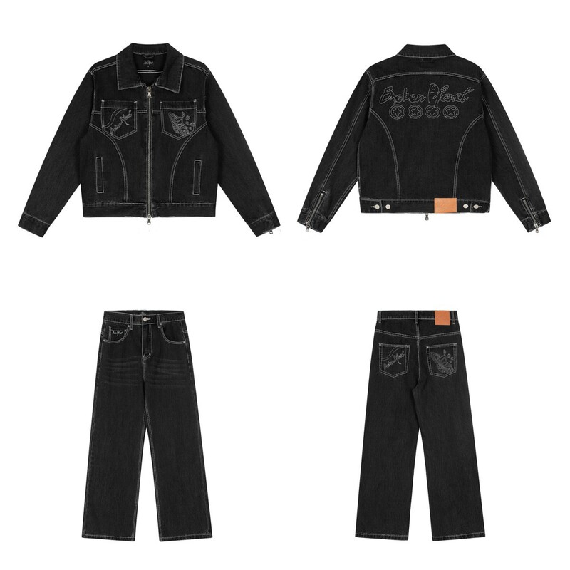 Broken Planet Embroidered Logo High Street Fashion Casual Denim Jacket Straight-Leg Jeans Set