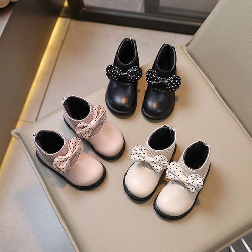 Children's Butterfly Knot Small Leather Boots Winter Girls Fleece Lined Short Boots Double Cotton Fashion Matchable Princess Shoes