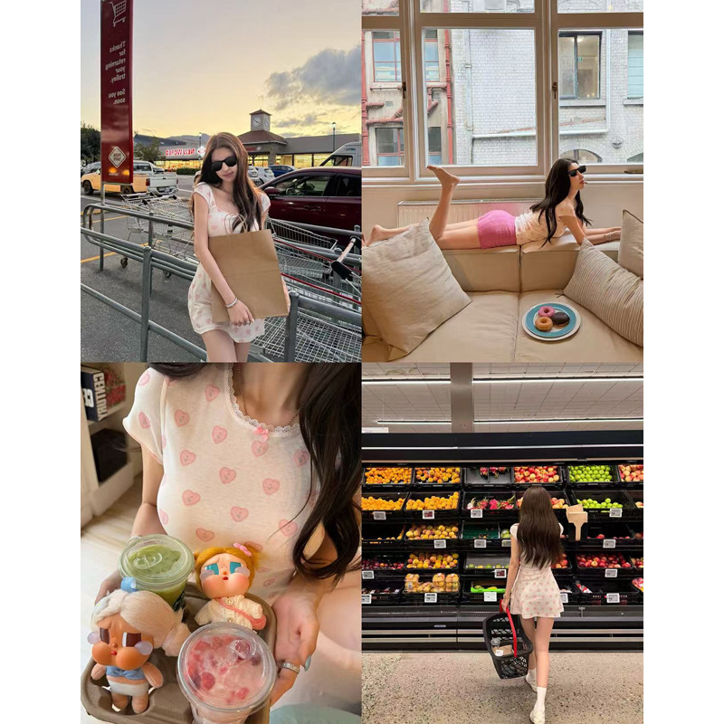 Good Morning Fanfan "With Love" Heart-Printed U-Neck Sweet Dress + Regular Shoulder Lace Short-Sleeve T-Shirt