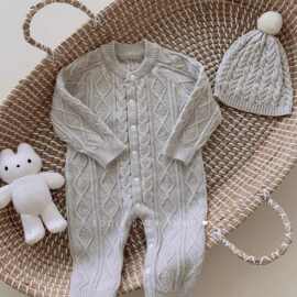 婴幼儿秋冬针织连体哈衣男女宝宝灰色简约休闲保暖毛衣爬服图片色