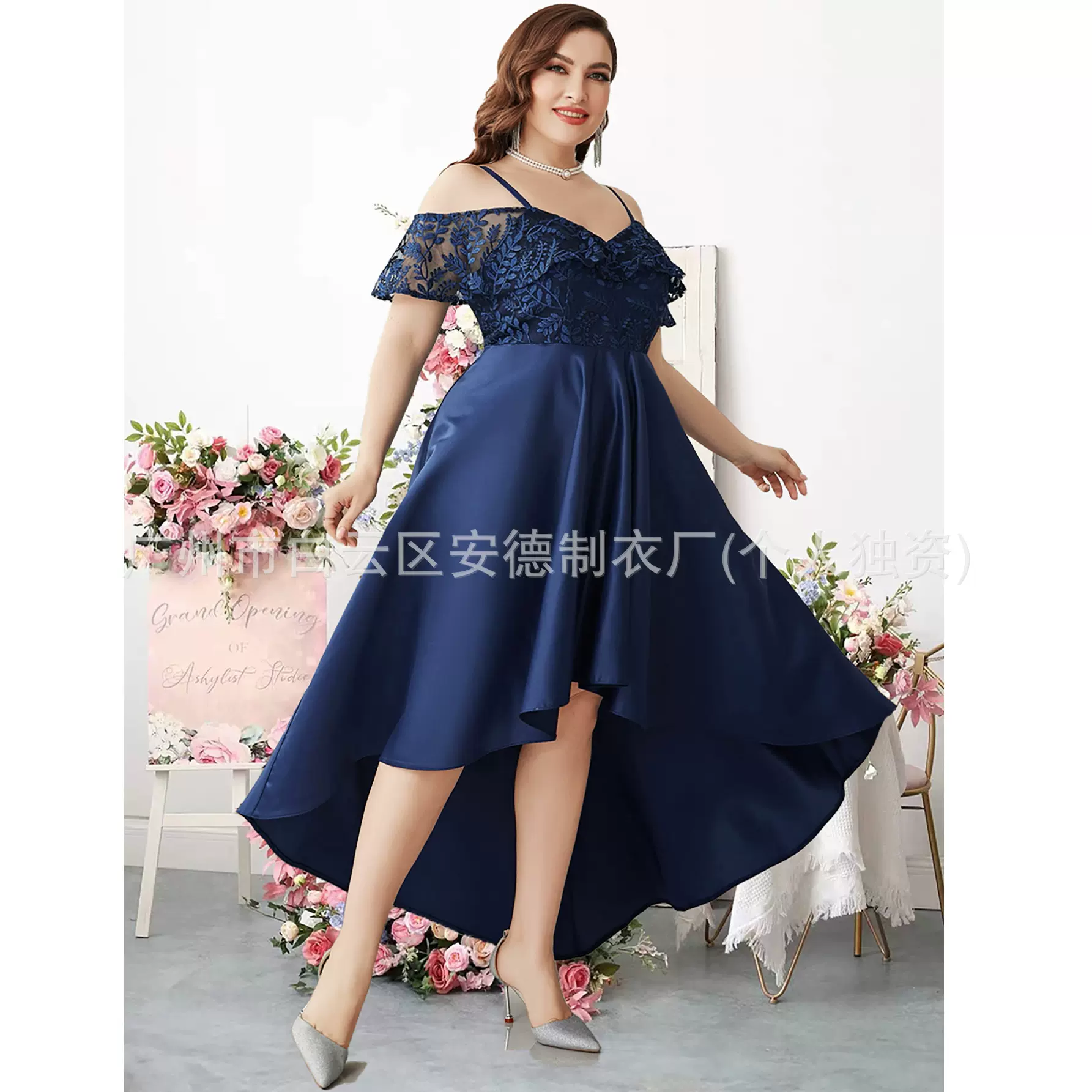 跨境欧美大码女装前短后长礼服优雅蕾丝刺绣连衣裙亚马逊伴娘服