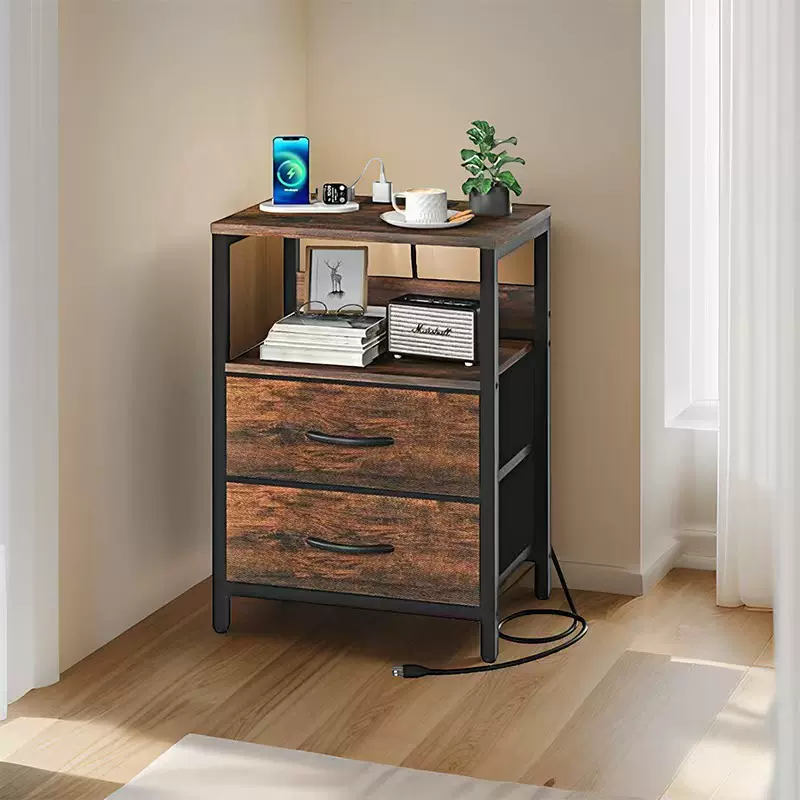 跨进专供卧室家具床头柜双布抽无纺布收纳柜多功能储物柜带插排