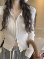 白色针织开衫女薄款2025早秋新款小众别致短款双头拉链长袖上衣