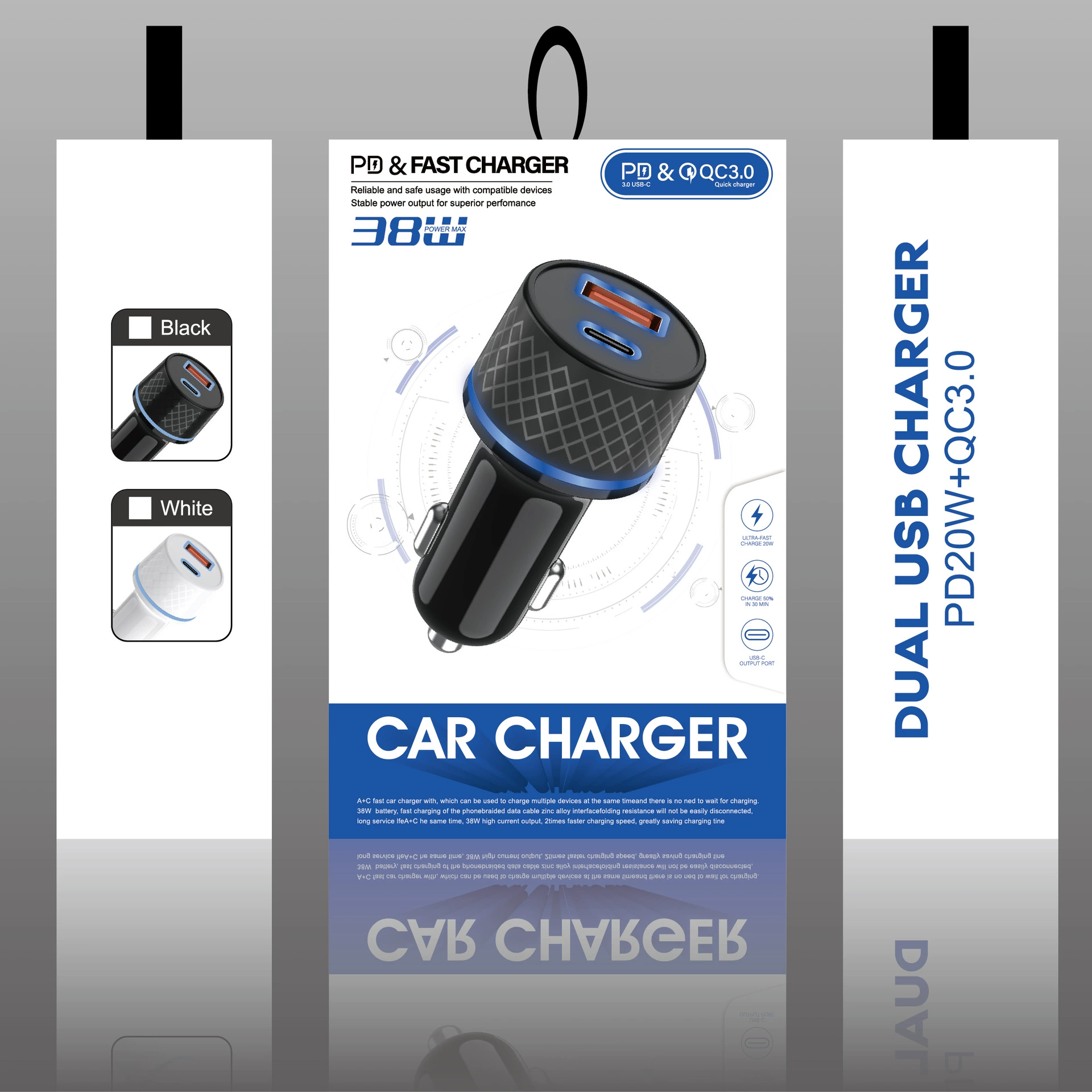 Сетка автомобильного зарядного устройства быстрая зарядка 15W & 38W двойная быстрая зарядка