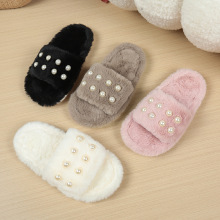 欧美家居秋冬新款平底珍珠儿童毛毛拖鞋女童一字外贸糖果色棉拖鞋