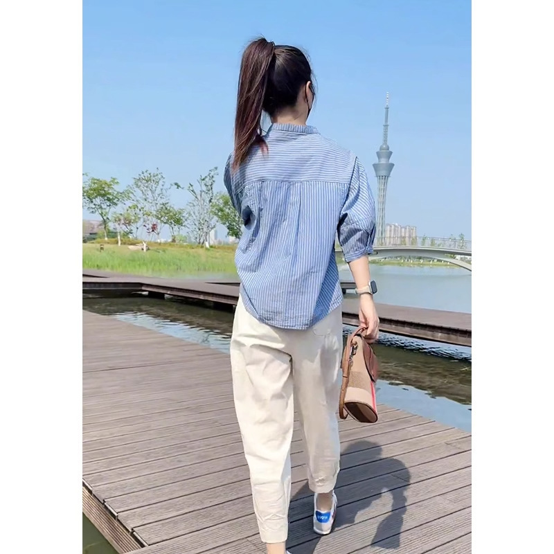 五分袖条纹衬衫女夏季新款宽松休闲简约时尚设计感小个子薄款上衣|undefined