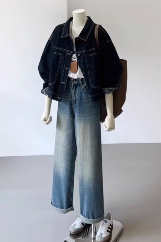 Dark Blue Retro Workwear Denim Jacket for Women, Spring and Autumn Casual Pocket Design, Petite Short Top Jacket