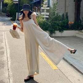 夏季宽松高腰时尚棉麻吊带连体裤女大码显瘦阔腿裤九分休闲背带裤