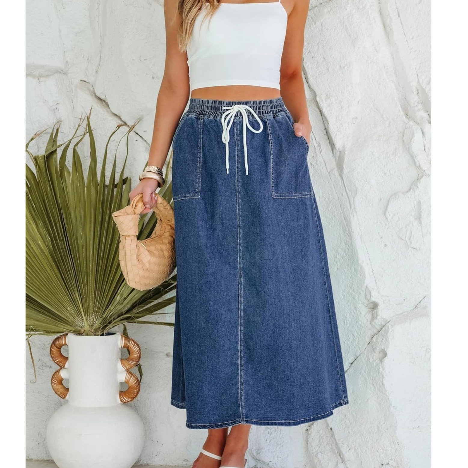 Cross-Border European and American Retro Blue Drawstring Washed Denim Skirt Casual and Elegant Denim Skirt for Women Loose and Comfortable
