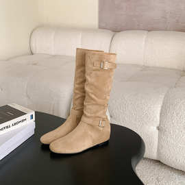 增高5cm韩系时髦扣带靴子堆堆中筒靴女秋冬不过膝长靴褶皱西部靴