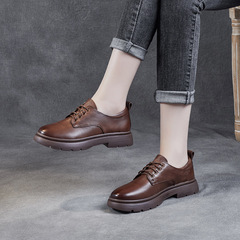 2023 Spring New Genuine Leather Strap Ankle Booties for Women, British Style, Low Heel, Soft Leather and Soft Sole Flat Shoes for Women