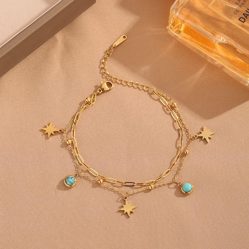 Meiji 2024 transfronteriza europea y americana nuevo titanio acero geométrico azul turquesa Oval Sun Star colgante pulsera de la joyería