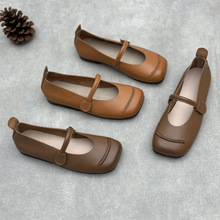 文艺森系真皮单鞋女2025春夏新款手工方头平底休闲软牛皮奶奶鞋子