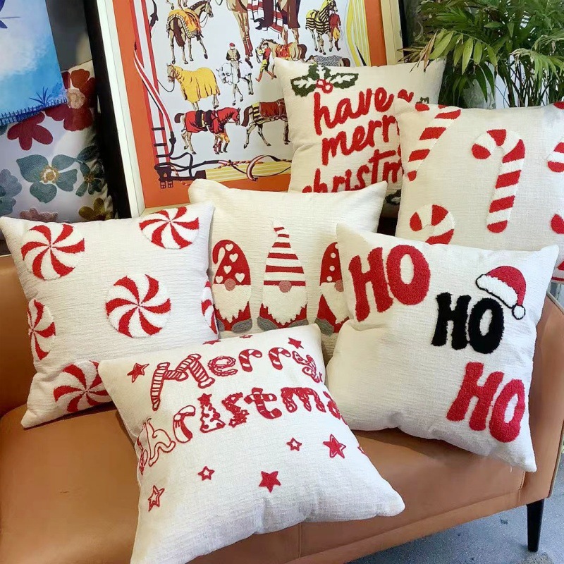 Cross-border Christmas Pillow Embroidered Chenille Pillow Crutch Christmas Hat Towel Embroidered Pillow Cover Pillow Cushion