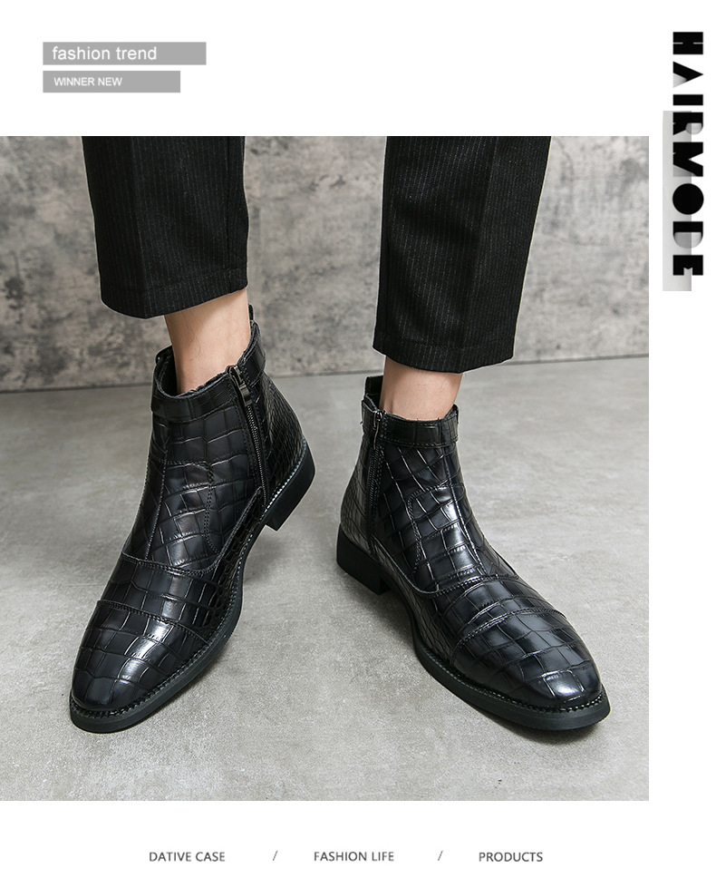 Men's Shoes Autumn And Winter Large Size Crocodile Pattern Short Boots Men's Business Solid Color Leather Boots Black High Top Leather_voghion.com