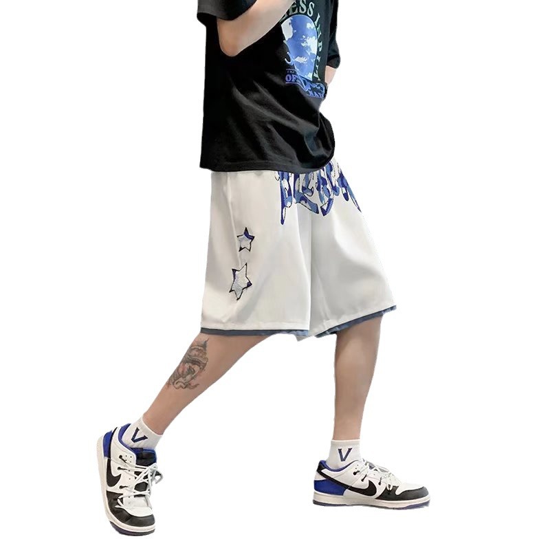 Pantalones cortos casuales de verano sueltos para hombres, marca de moda ins, color sólido, contraste simple, moda, tubo recto, pantalones deportivos de cinco puntos