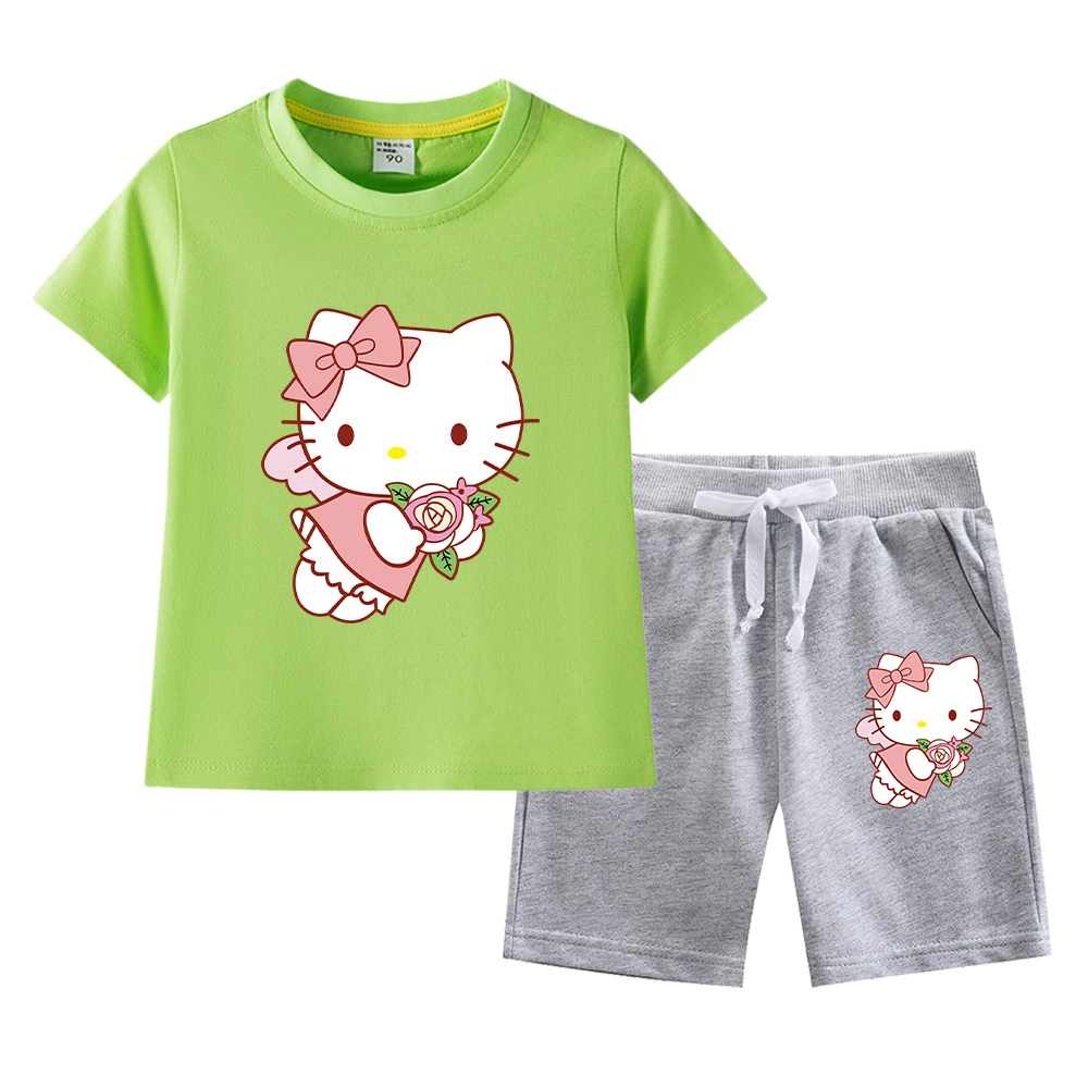 Hello kitty, комплект, летняя одежда, хлопковая футболка с короткими рукавами, корейский стиль
