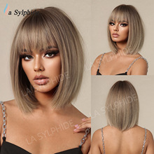 跨境棕色渐变齐刘海中长直发短假发欧美假发齐肩wig机制玫瑰网