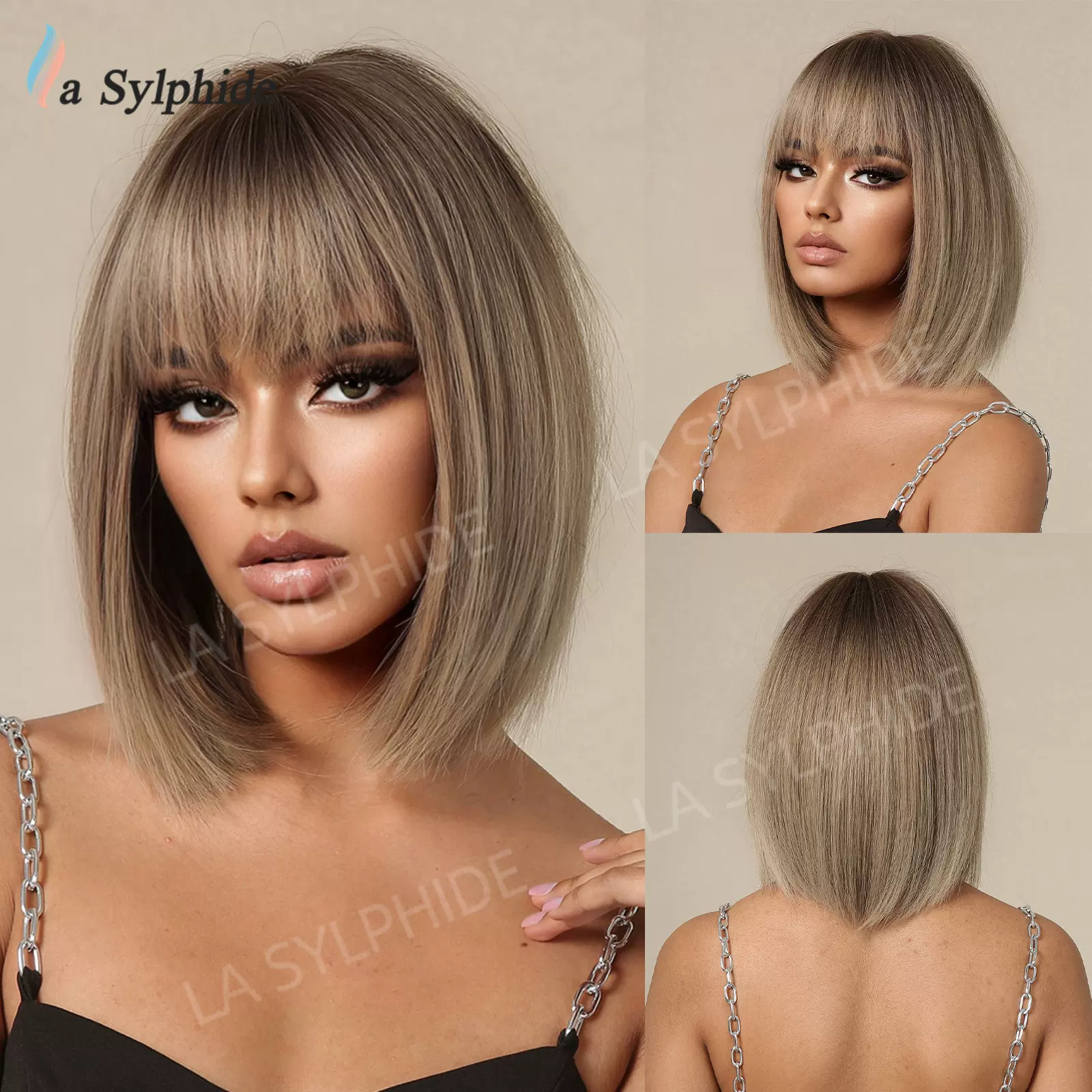 跨境棕色渐变齐刘海中长直发短假发欧美假发齐肩wig机制玫瑰网