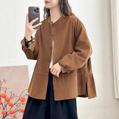 古咖服饰秋季新复古灯芯绒外套女立领单排扣拼接长袖宽松外搭上衣
