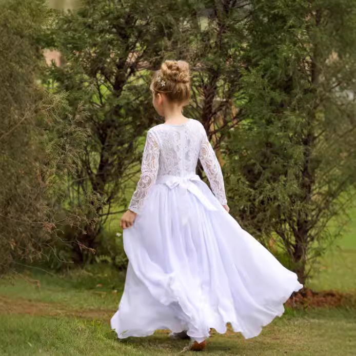 Nuevo vestido de novia para niños de comercio exterior transfronterizo europeo y americano de manga larga de encaje, cuello redondo, cola, vestido de cumpleaños para niña